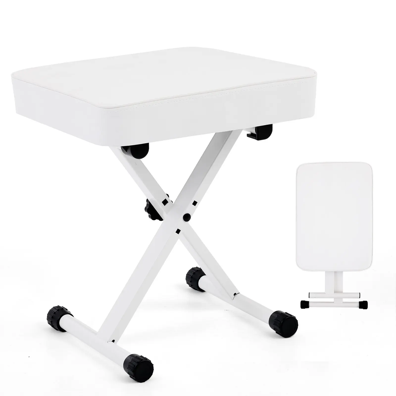 Adjustable Height Metal Piano Bench for Living Rooms & Stage - 3-Level Adjustment, Non-Skid Design, 2.56in Thick Padded High-Density Sponge Seat, Portable Foldable X-Style Stool, 250LBS Capacity, Ideal for Extended Practice & Easy Cleaning, Faux Leather,