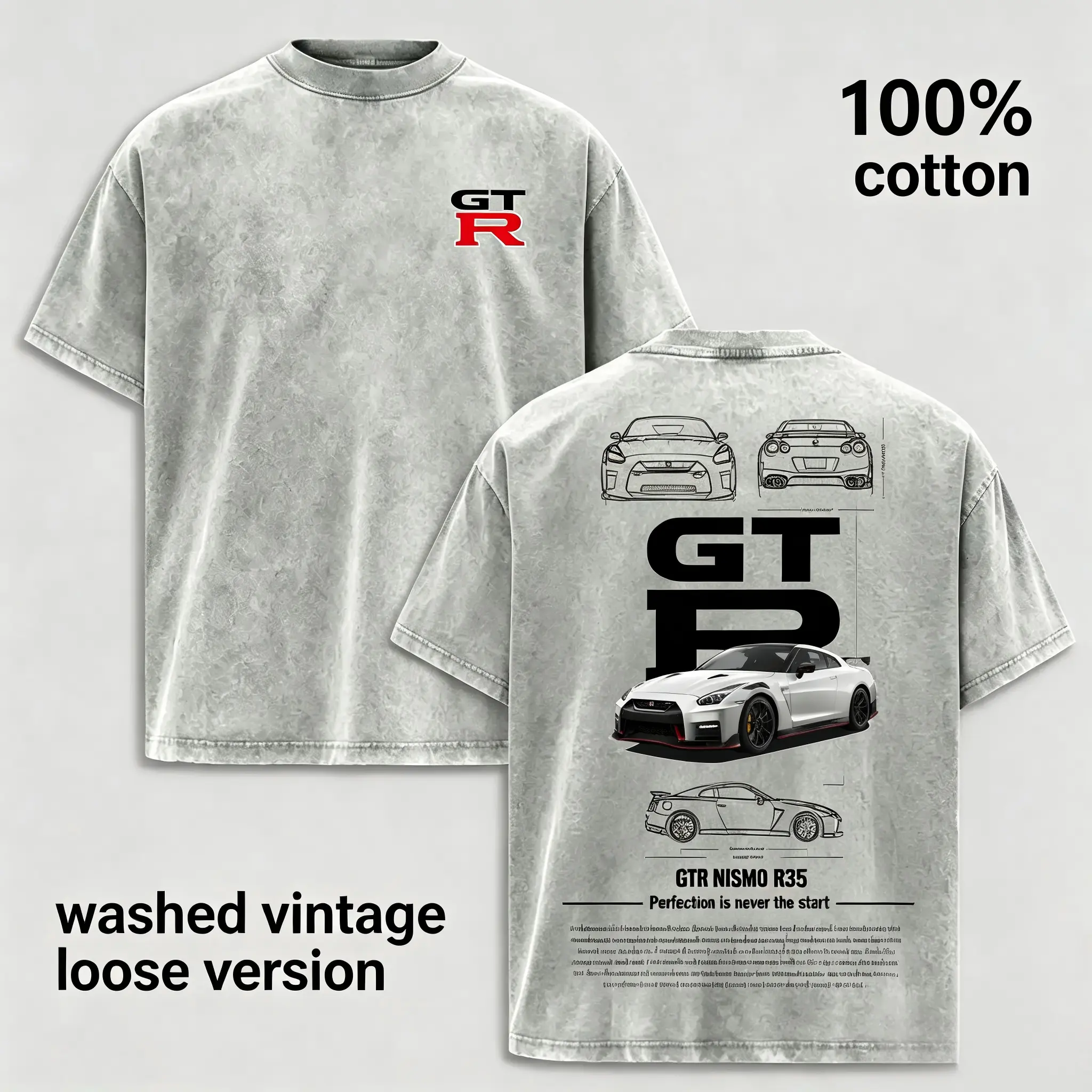 Vintage Washed GTR R35 Graphic T-Shirt | JDM Racing Culture Streetwear | Y2K Unisex Cotton Casual Tee for Men, Women & Couples Black faded vintage wash left chest mini red white GT-R badge logo print tee