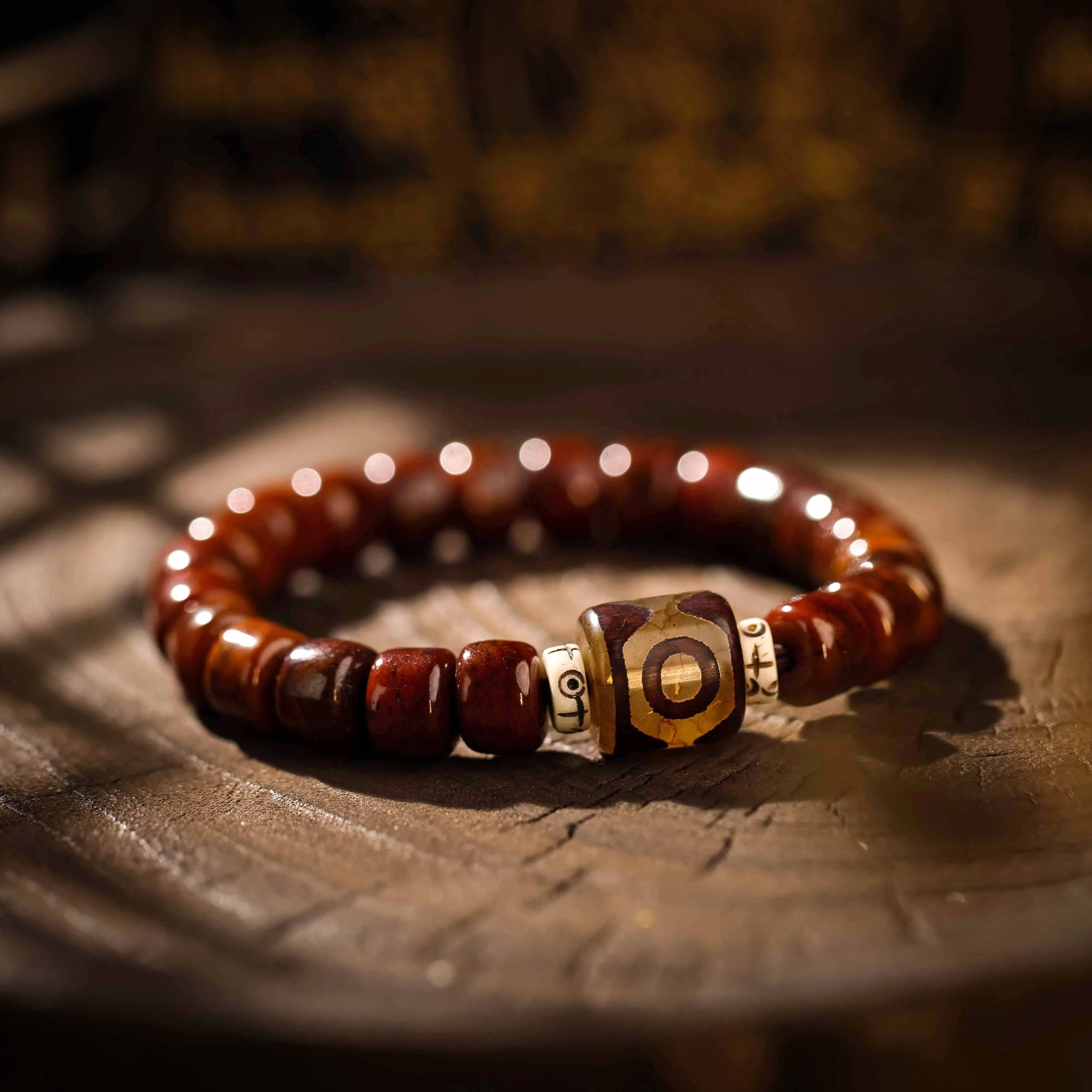Three-Eyed Dzi Bead Prayer Bracelet