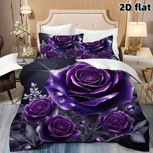 2D Flat 3Pcs Fantasy Purple Rose Decorative Duvet Cover - Black Background Floral Design, Soft Microfiber Bedding with Zipper Closure (1 Cover+2 Pillowcases, Unfilled) for Adult Teen Bedroom Dorm Home Decor, All Season Gift