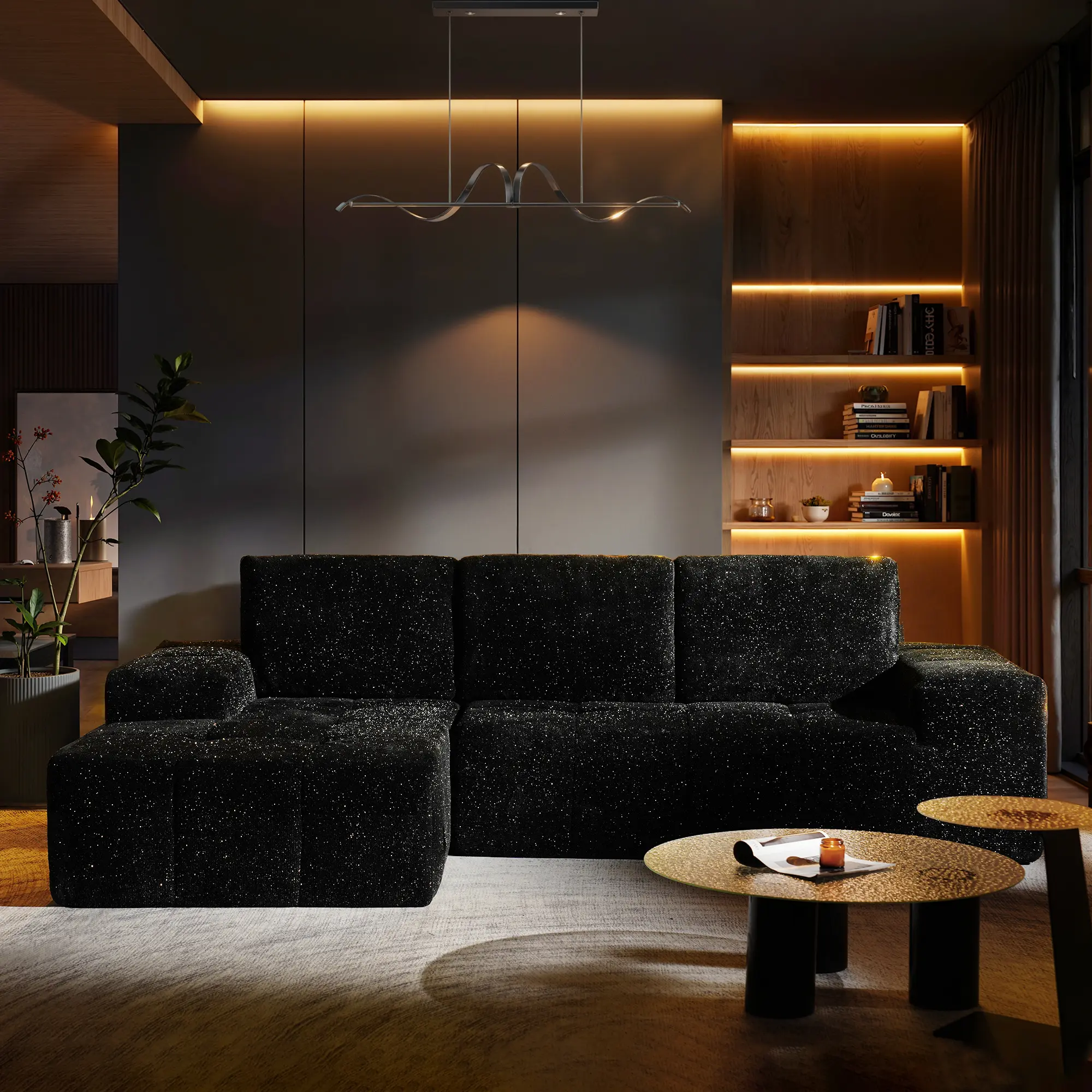 114" Obsidian Black Shimmer Plush Left Chaise