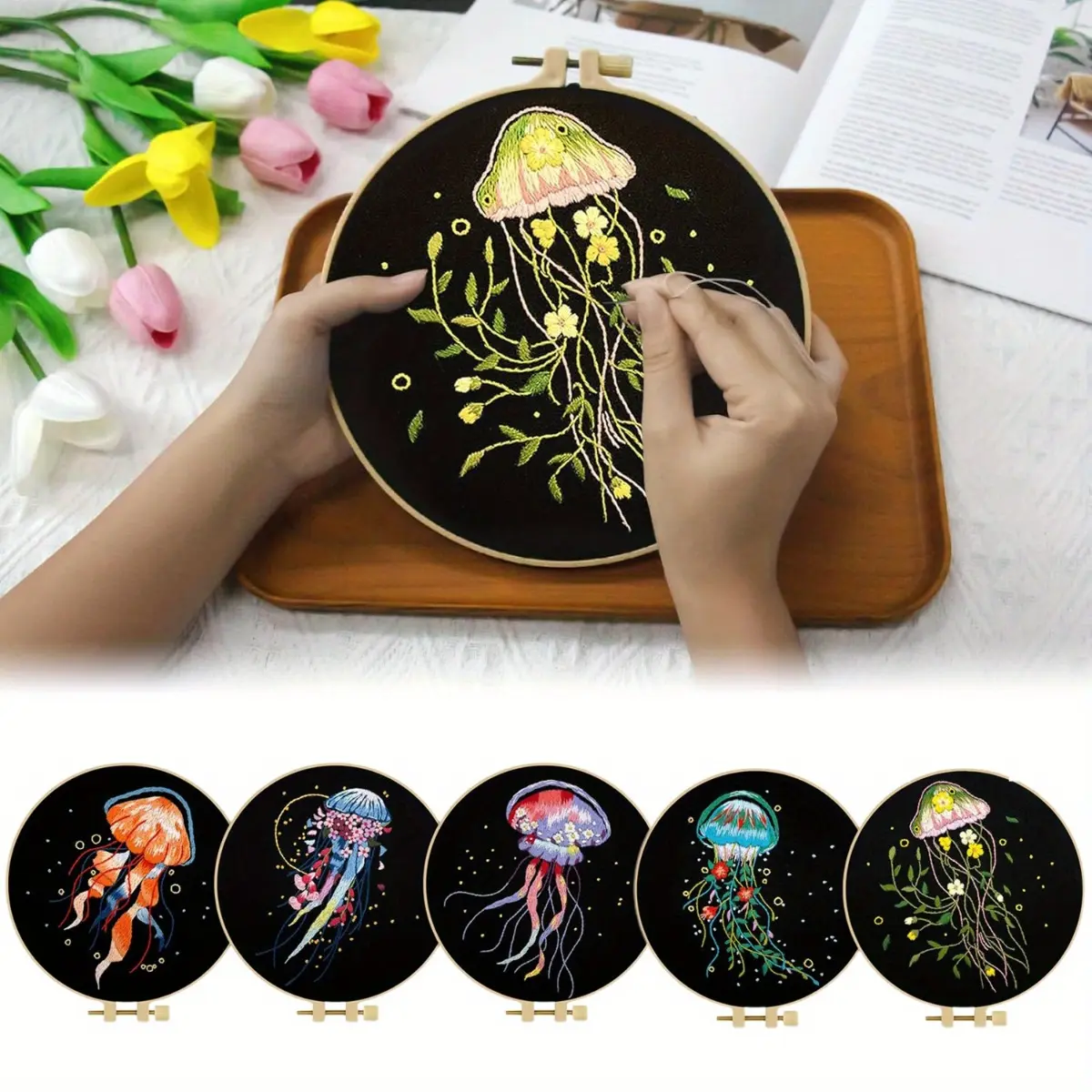 5-pcs adult embroidery set, beginner jellyfish embroidery set, including embroidery cloth, plastic embroidery frame, scissors, threading tool, handmade enthusiast gift
