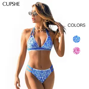 CUPSHE Boho Shell Stitch Bikini Sets | 2026 Mediterranean Blue Halter Two Piece Swimsuit | Trendy Cheeky Bottoms & Supportive Removable Cup Bathing Suit SpringStatements
