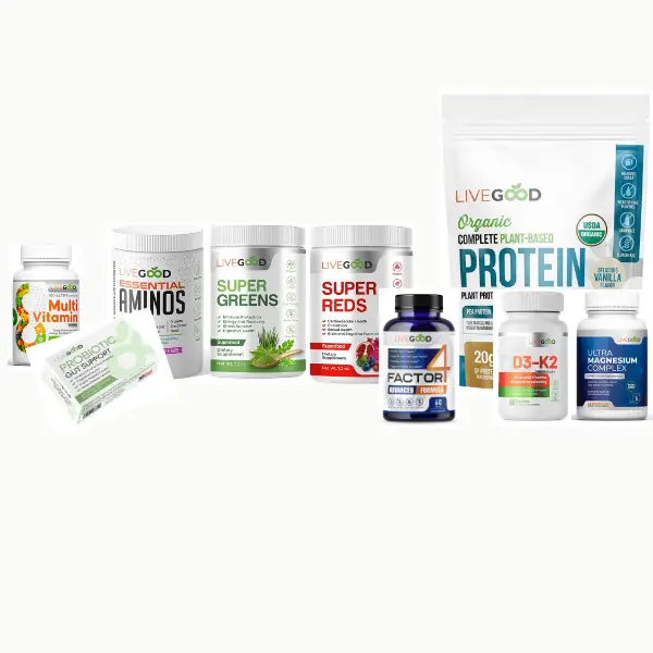 LIVEGOOD 9-in-1 Edible Natural Dietary Supplement Stack - Vegan, Gluten-Free, Dairy-Free, Fruit Punch, Multivitamin, Magnesium, Protein, Probiotic, Greens for Men & Women (Muscle, Energy, Immune, Heart, Joint Support)