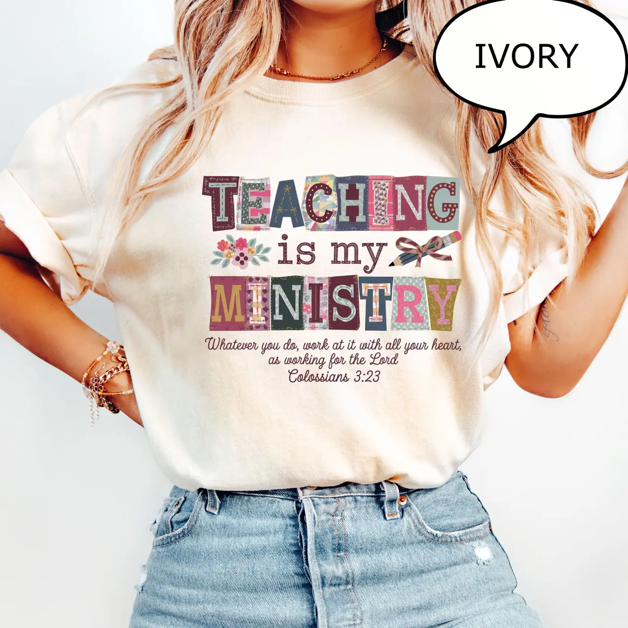 Comfort Colors Teaching Is My Ministry Christian Teacher T-Shirt, Faith Based Scripture Colossians 3.23 Tee, Cute Patchwork Graphic, Gift for Teachers, Teacher Graduation Shirt