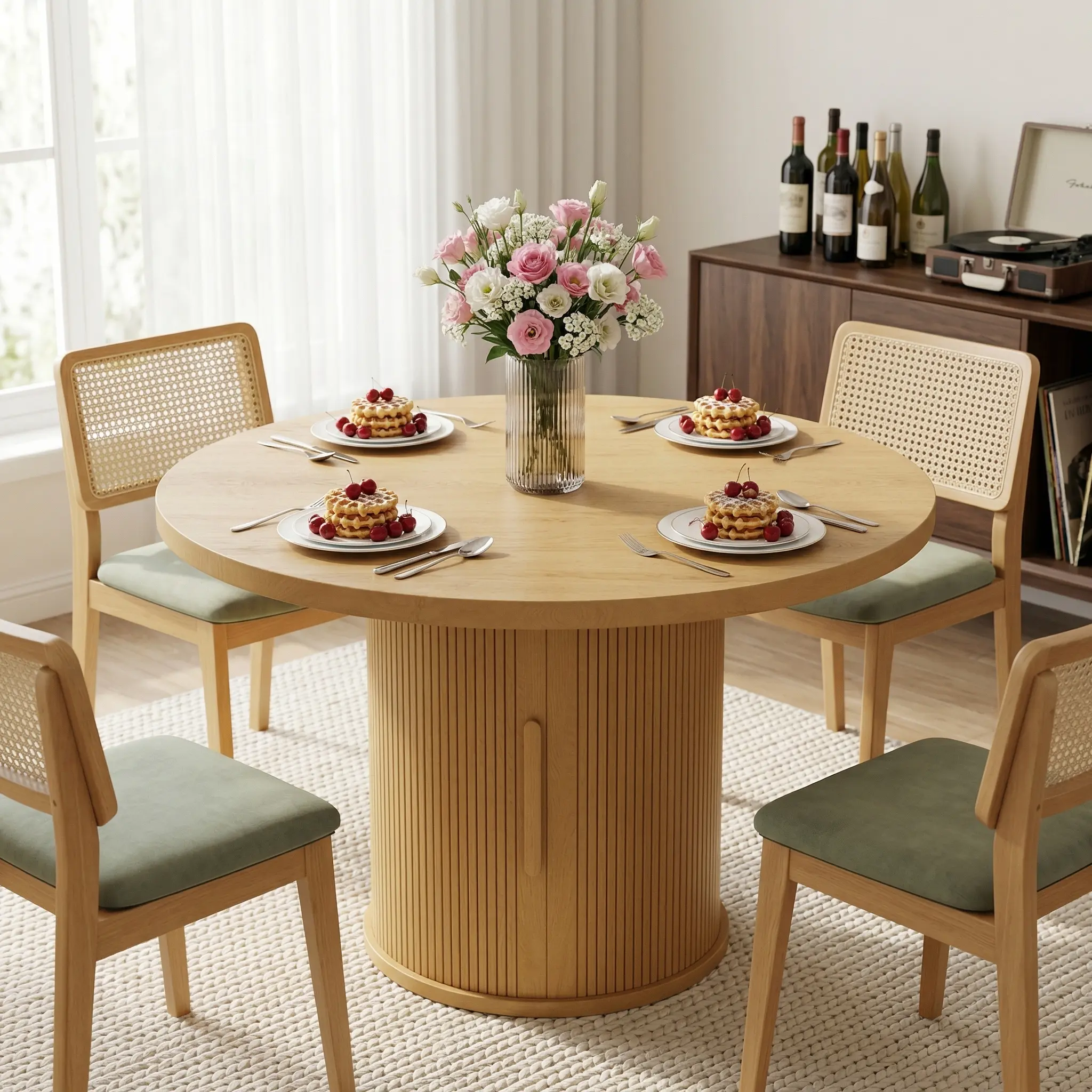 HIPIHOM Nordic Round Wooden Dining Table - Solid Wood with Natural Grain, Elegant Fluted Cylinder Pedestal Base, Minimalist Scandi Style for Japandi Home Decor & Dining Rooms, Wooden Table, Dining Tables