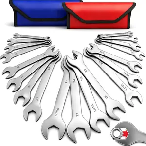 19-Piece Super Thin Open-End Wrench Set, SAE 1/4"-1-1/16" & Metric 5.5–27 mm, 3 mm Thickness Slim Wrench Set for Tight Spaces, Nickel Plated Flat Wrenches with Red & Blue Rolling Storage Pouches -.com
