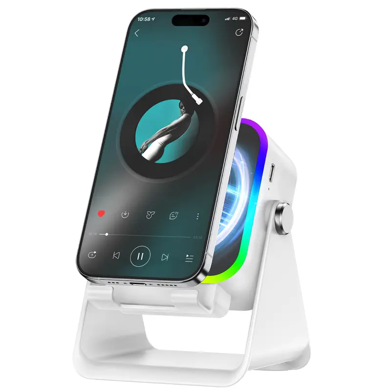 5-in-1 Wireless Induction Audio & Bluetooth Speaker with Phone Holder, 3500mAh Rechargeable Emergency Power Bank, 8 RGB Ambient Light, 360° Adjustable Mobile Tablet Stand– Gifts for Friends, Family,TikTokShopHolidayHaul