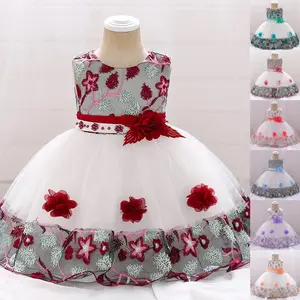 Maroon Kids Clothes 5045 Embroidered Flower Girls Frock Ball Gown Pageant Children Elegant Princess Prom Host Formal Evening Party Cocktail Dress 0-2Y