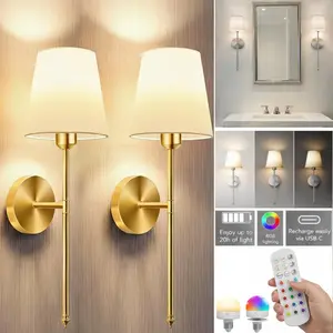 Wall Sconce Light with Remote Control, Rechargeable 10 Color Dimmable Led Light Set of 2 White Fabric Shade, Indoor Wireless Lamp For Bedroom Living Room, Adjustable Lights