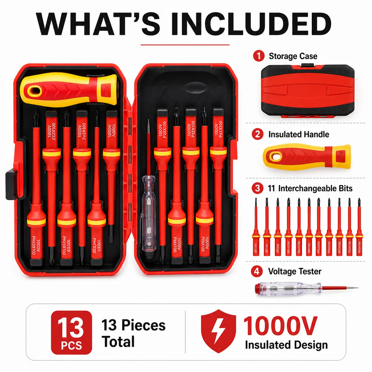 13pcs 1000V Rated Insulated Screwdriver Set - Insulated Handle, Voltage Tester, 11 Interchangeable Insulated Bits, Strong Magnetic Anti-Slip Ergonomic Design, Multi-Tool for Home Use & Industrial Equipment, Diy Projects