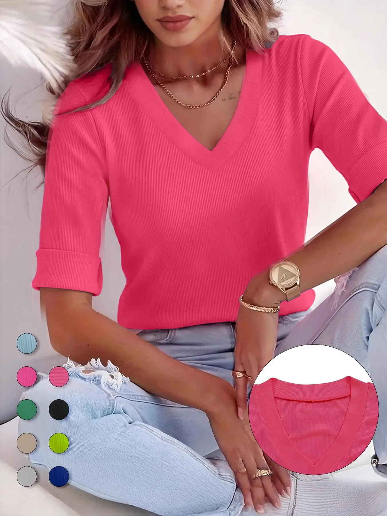 Plus Size Solid V Neck Roll Up Sleeve Tee, Casual Minimalist Streetwear Fitted Soft T-shirt , Women's Plus Clothing for Daily Wear, Cute Aesthetic Tops, Quality and Durability, Jersey, Womenswear