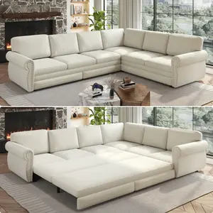 118" L-Shaped Sofa Couch with Pull-Out Bed,Oversize Convertible Sleeper Sofa with Nailhead Trim  Rolled Arm,Chenille Upholstered Sectional Couches, for Living Room, Apartment, Office