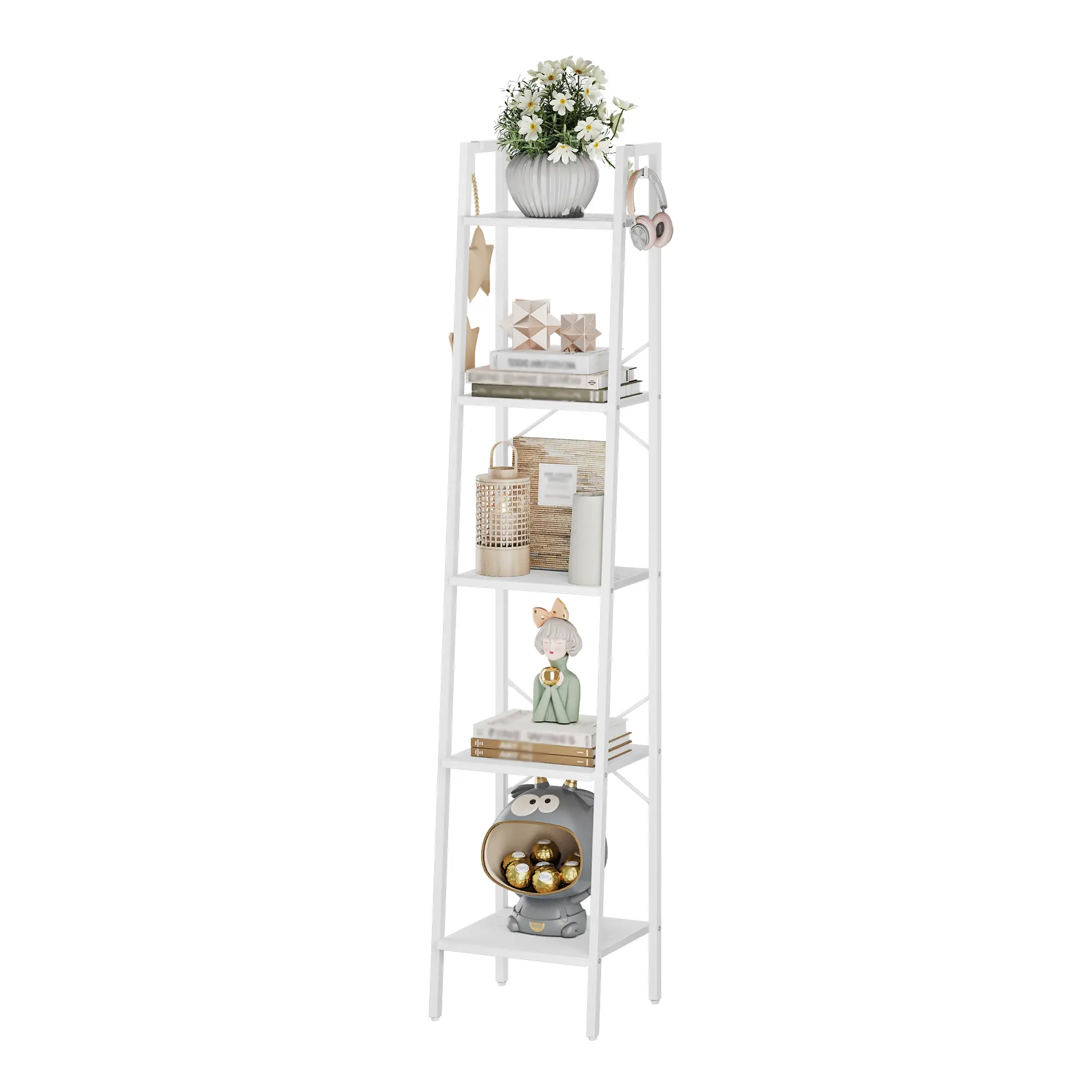 Industrial Wood Ladder Shelf - 5-Level Layered Corner Shelf Living Room Furniture, Freestanding Storage Racks with 2 Hooks for Home Office, Bedroom, Five-Level Shelf Living Room Furniture