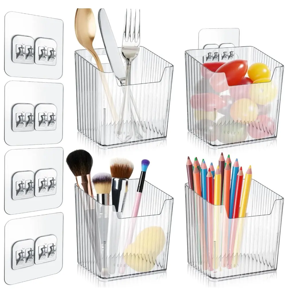 4 Pack Acrylic Wall Mount Organizer, Adhesive Cabinet Door Storage Bins, Clear Makeup Containers, Stackable Organizer Basket for Kitchen, Bathroom, Cabinet, Pantry, Office