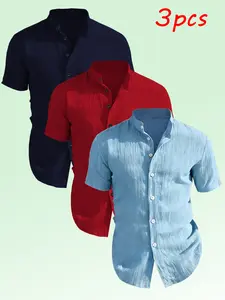 3-Pack Men's Summer Short Sleeve Shirts, Plain No Print Design, Lightweight Breathable Stand Collar Button Shirt, Ideal for Beach Pool