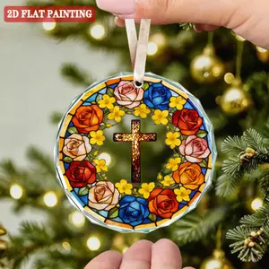 Stained Glass Cross Rose Acrylic Ornament 8x8cm, Christian Faith Floral Hanging Decor, Religious Gift for Home, Car, Baptism, Easter, Church Decoration
