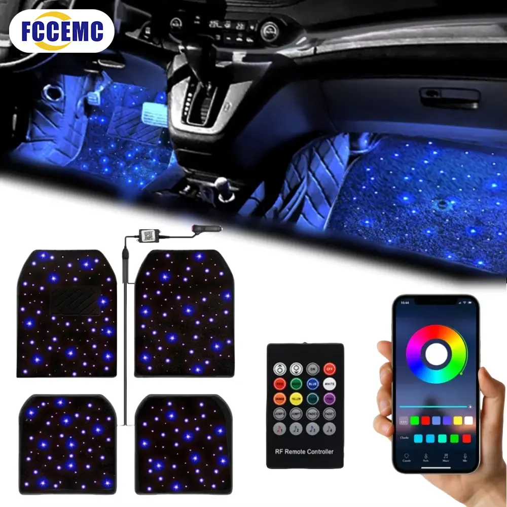 FCCEMC Car Universal  Fiber Optic Twinkle Stars Interior Floor Mats WaterProof Star Light Car LED Rugs With APP/Remote Control Light Effect  Interior Ambient Lighting  Car Mats Floor Carpet Starlights For Car Car Decorative Light Car Strip Light