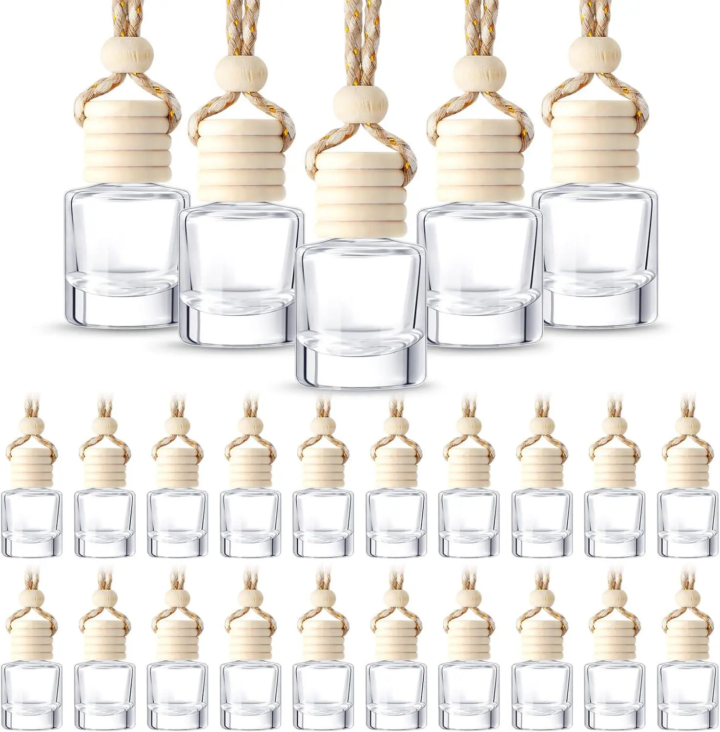 50 Pcs Bulk Pack Cylindrical Empty Glass Diffuser Bottles - 8ml Small Size, 1.1in Diameter, Adjustable Hanging Rope (7.87in Length), Easy to Store for Essential Oil Aromatherapy, Wardrobe & Bathroom Car Pendants