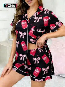 2-Pack Black Base with Red Heart and Pink Bow Print, Bubble Drink Bottle Design, Soft Comfortable Short Sleeve Shorts with Small Pockets and Elastic Waistband, Suitable for All Seasons, Home Wear, Loungewear, Casual Daily Wear, and Sleepwear, Pajama
