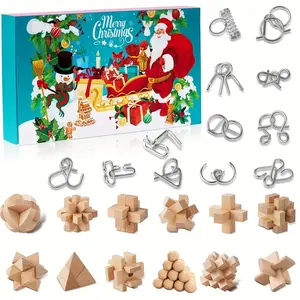 24 Days Intelligence Puzzle Christmas Greeting Card Calendar, Challenging Puzzles with Metal and Wooden Parts, 3D Logic Game for Teens and Adults, Wooden Stacking Puzzle