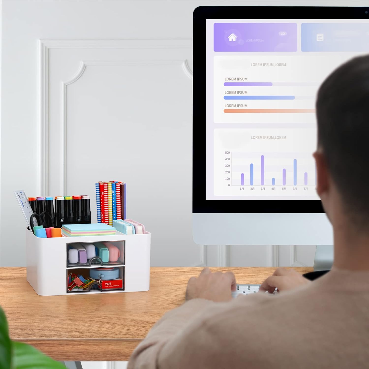 Desk Organizer with 2 Drawers – Plastic Desktop Storage Box for Pens, Pencils, Cards & Office Supplies, Vanity & School Desk Organizer, White