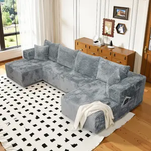 【3 Packages shipping】[6 free pillows]132"U-Shape Modular Sectional Couch Sofa, Compressed Corduroy, Modern Sleeper Sofa for Living Room, Space-Efficient Design -Convertible Corduroy Sectional Couch