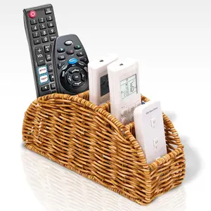 5-Compartment Remote Control Holder 9.1"D x 3.1"W x 4.3"H Synthetic Rattan Organizer for TV Remotes, Makeup Brushes, Office Supplies, Stylish Wicker Desk Caddy for Living Room, Bedroom, Office, Patent Pending (Natural)