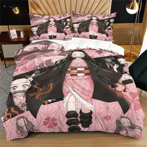 Demon Slayer Nezuko Kamado Bedding Set, Comfy Bedding Set, 2/3 Piece Duvet Cover & 1-2 Pillowcase Set, Anime Themed Bedding for Kids, Teens & Demon Slayer Fans