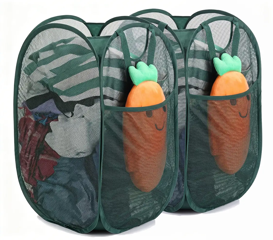 Pop Up Laundry Hamper, 70L Collapsible Mesh Laundry Basket with Side Pocket, Foldable Dirty Clothes Hamper with Sturdy Reinforced Handles for Home Dorm Bedroom Travel Bathroom Storage, green