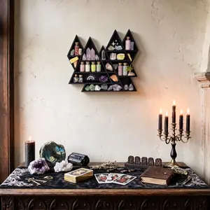 FNYDOX Wooden Triangle Mountain Crystal Wall Shelf Display, Spiritual Meditation Room Decor Storage Holder for Rock Gem Stones, Trinkets, Art Collections, Wall-Hanging Organizer Gift