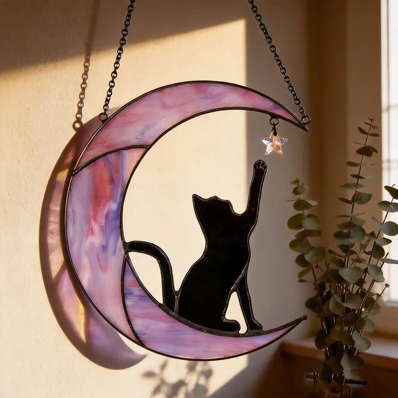 Moon Cat Stained Glass Suncatcher Black Cat Window Hanging Decor Cat Lover Gift Celestial Moon Decor Pet Memorial Gift