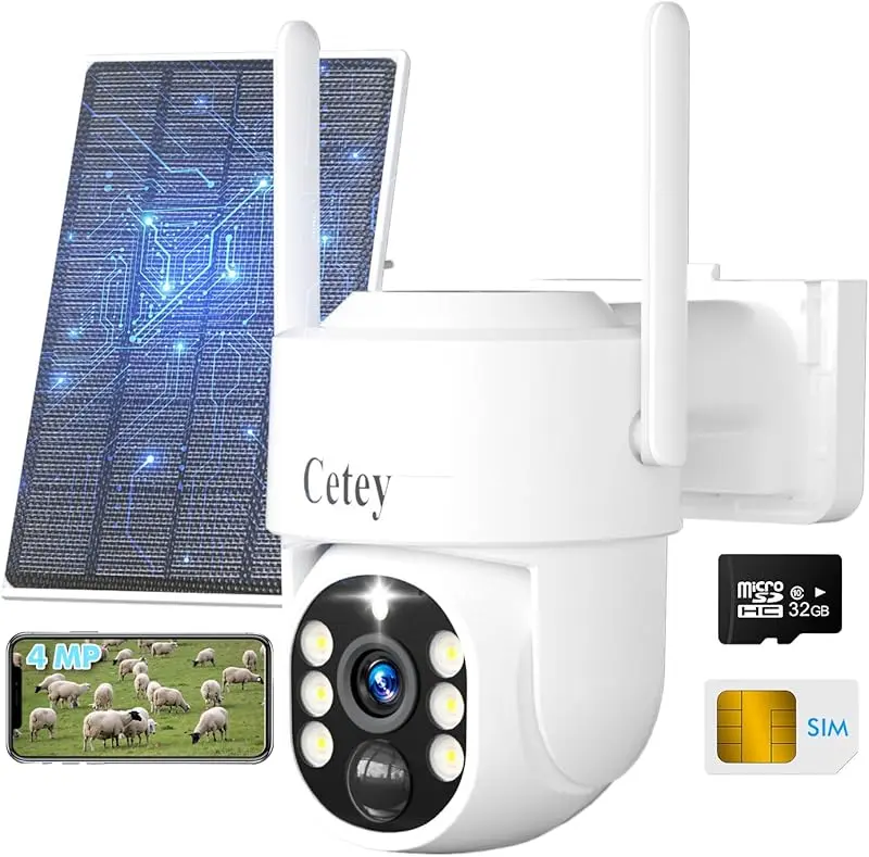 Cetey 4G LTE Solar Security Camera 2K HD, 360° Wireless Outdoor Camera, No WiFi Needed, AI Motion Detection, Night Vision, Remote App, Waterproof