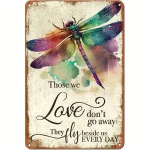 1pc Hanging Metal Flat Plaque, 20*30cm/8*12inch 2D Flat Iron Wall Mounting Decor, Colorful Watercolor Dragonfly Design, "Those We Love Don't Go Away" Quote, Rustic Retro Home Decor for Bar,summervibes