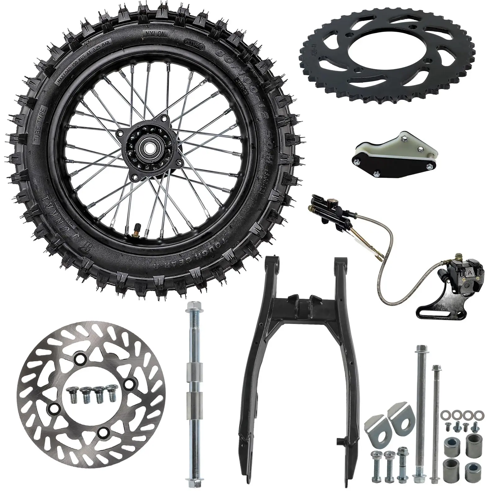 3.00-12 80/100-12 Dirt Bike Wheel + Rear Swing Arm + 428 41T Chain Sprocket + 190mm Disc Brake Rotor + Hydraulic Brake Caliper + 15mm Rim Axle + Chain Guard for Offroad Motorcycle Dirt Pit Pocket Bike