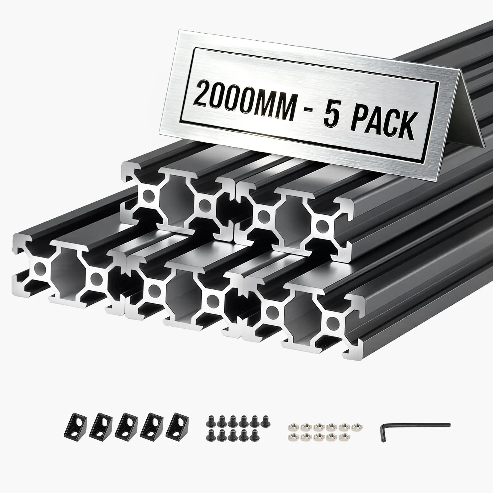 VEVOR 5PCS 2040 V-Slot European Standard Anodized Linear Rails, 78.74in/2000mm 6063-T5 Aluminum Extrusion Profile, High-Strength Brackets, Wheel-Based Pulleys, Standard Nuts, Burr-Free Slots, Scratch-Resist Coat, High-Precision for CNC Machines, Black