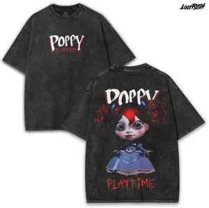 Poppy Doll x Poppy Playtime Tee – Creepy Cute Eyes & Red Curls on Washed Oversized Shirt | Not Your Typical Toy