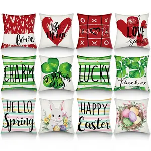 12 Pcs Holiday Pillow Cases fit 18x18in Throw Pillows, include 4pcs Love Heart Polyester Pillow Covers & 4pcs Green Lucky Clover Pillow Covers & 4pcs Cute Bunny Cushion Covers for Living Room Sofa Bedroom Decor