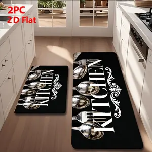 2/3pcs Soft Flannel Kitchen Mat Set, Vintage Baroque Silver Color Pattern, Non-Slip, Absorbent, Home Decor,Black