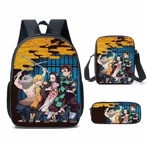 Anime Demon Slayer Style Backpack Set 3Pcs, Cool Sword Fighter Print School Bag with Lunch Box & Pencil Case, Lightweight Durable Daypack for Boys Girls, Multiple Character Designs Available, Vibrant Kimetsu Themed Bookbag for Students, Ideal for School,