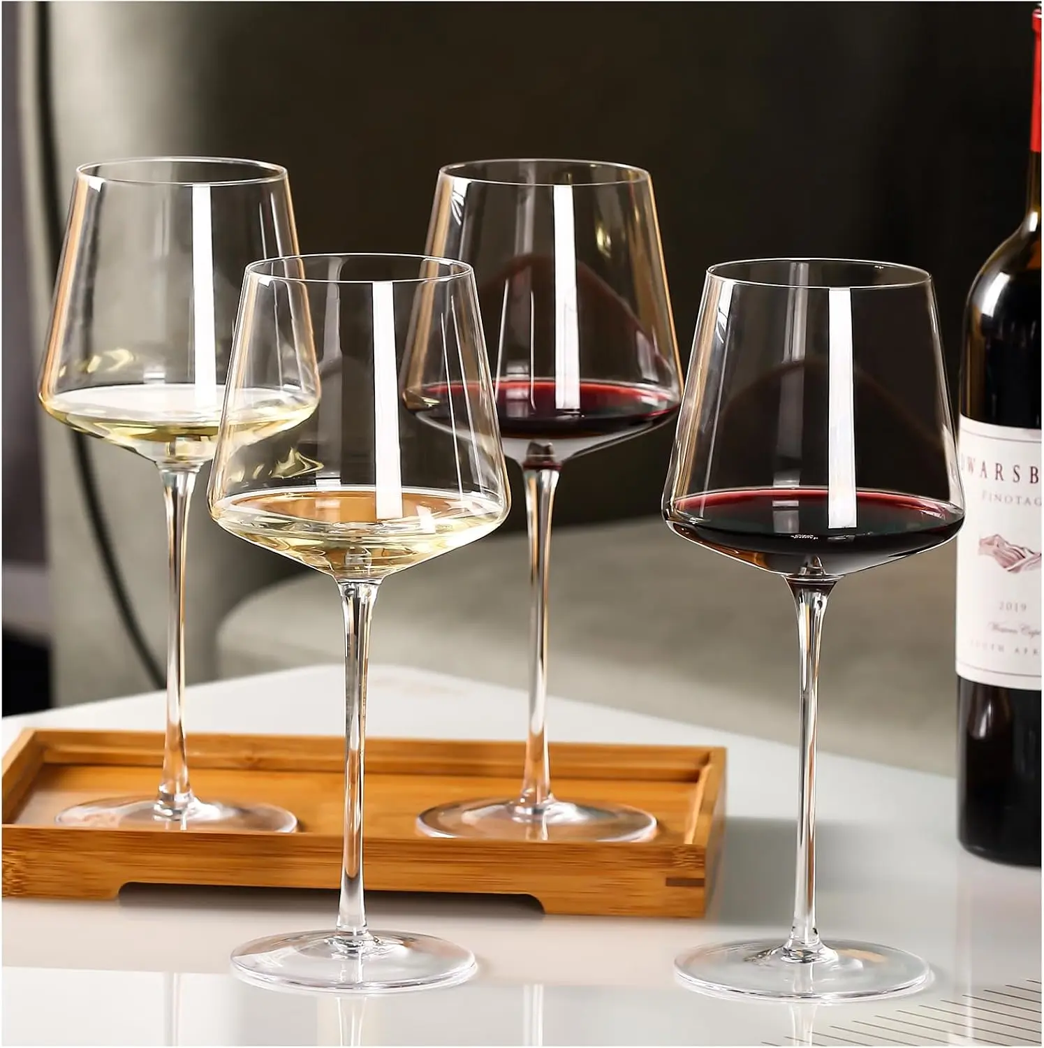 Physkoa Hand Blown Italian Style Square Red Wine Glasses Set of 4, 18oz Lead Free Crystal Tall Long Stem Wine Goblets, Aerating Wine Glasses Gift for Home Party Wedding Housewarming