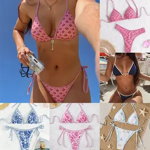 2026 New European and American Hot-Selling Bikini with Contrast Color Trim, Printed Lace-Up Sexy Two-Piece Swimsuit for Women