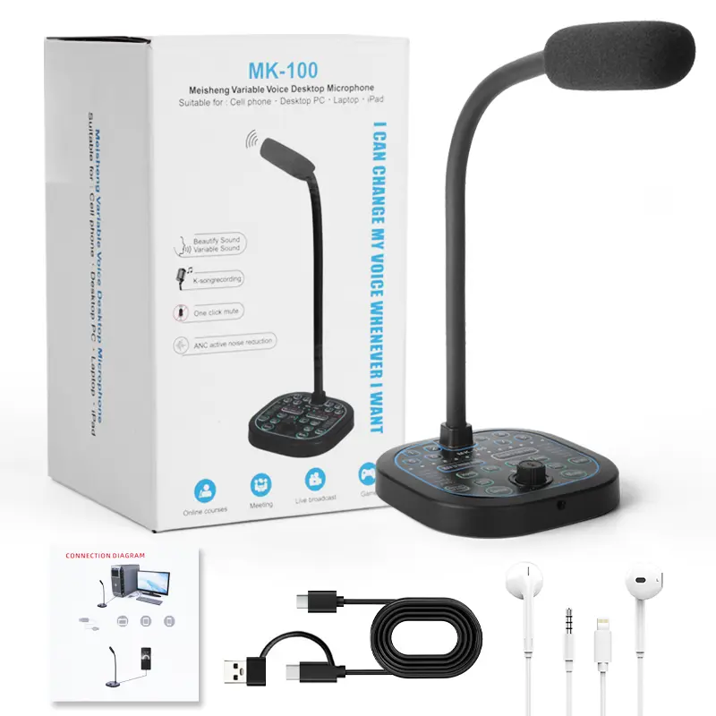 USB-C Audio Device Microphone with 16 Voice Changer Effects, Mini Sound Board, 1-Touch Mute, Noise Reduction, Wired Headphone & Lightning Compatibility, for PC & Laptops (Type-C Only)