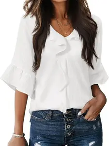 2026 Spring Summer New Fashion Casual V Neck Pleated Ruffle Loose Top, Feminine Stylish Women's Clothing, Comfortable and Trendy Design