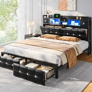 Raybee Diamond-Tufted Leather Upholstered Bed Frame with 4 Drawers & Hiden Cabinet Bookcase 47.2" Tall Headboard, Modern LED Platform Bed Frame for Queen King Full with Charing Station,  NO Noise, No Box Spring Needed, Metal Frame & Slats for Bedroom