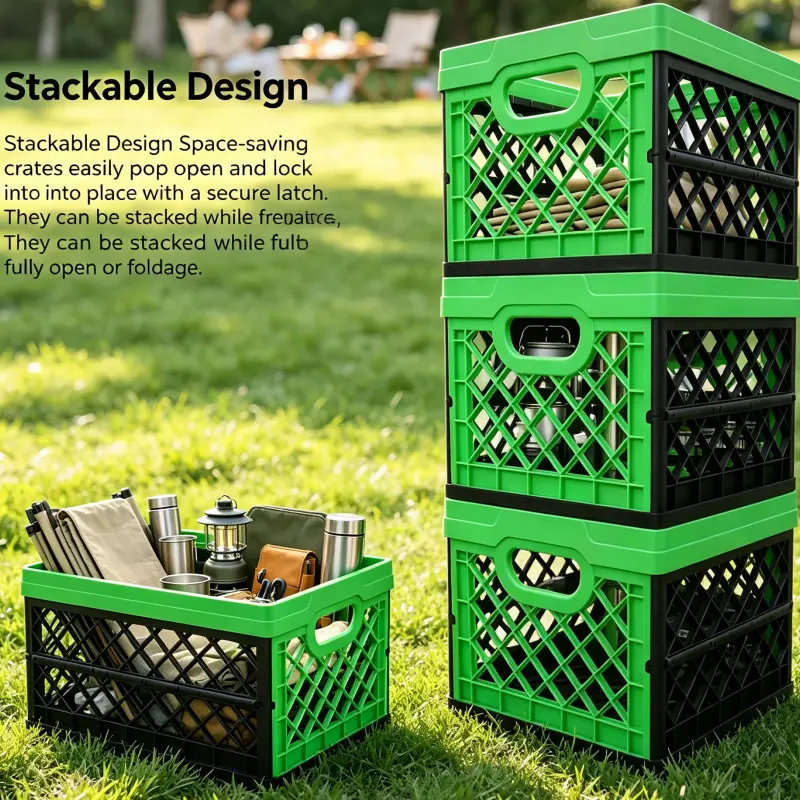 Upgrade Foldable Plastic Storage Crate with Handles, Stackable Collapsible Car Trunk Organizer, Large Grid Basket for Auto Emergency Tools, Camping Gear, Cleaning Supplies, Quick Fold Space-Saving Bin for Vehicle, Outdoor Picnic & Garage Storage
