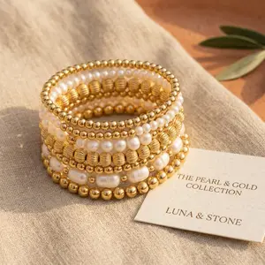 17KM Gold Bracelet for Women Waterproof, Beaded Strand Bead Ball Bracelet stack Adjustable for Gifts Gold Beaded Bracelet Stack for Women, Stretch Stackable Bracelet Set,Dainty Layered Bracelets for Everyday Jewelry Gift boho chic style bohemian handmade