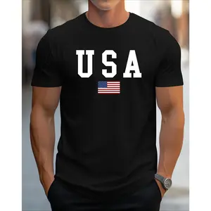 Men's Patriotic USA Flag Print Cotton T-Shirt -  Cotton Crew Neck Short Sleeve, Slight Stretch Knit Fabric, Regular Fit All-Season Comfort,
