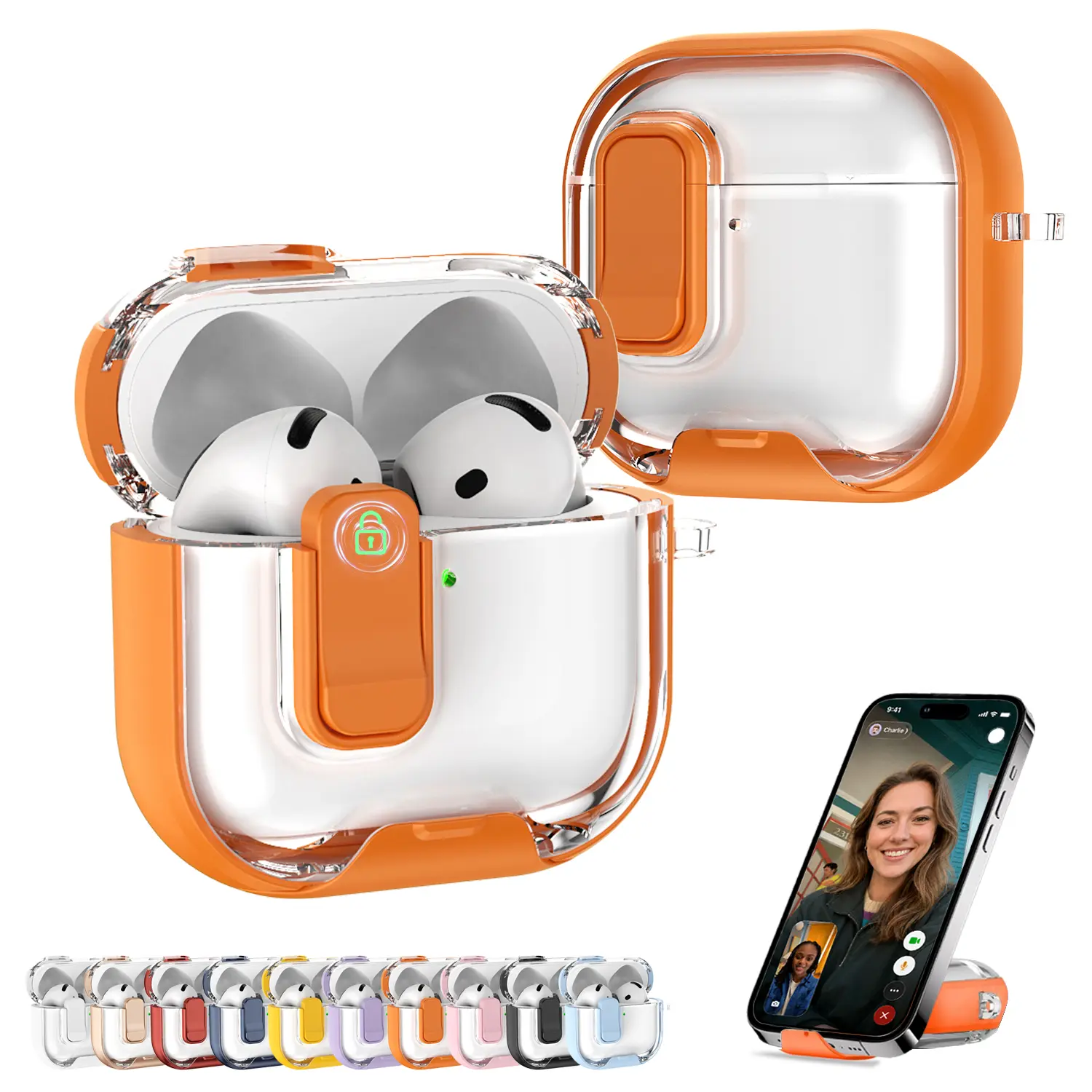 AirPods 4/3 & AirPods Pro/Pro2 Case with Secure Lock Kickstand, Clear Anti-Yellow Shockproof Protective Cover, Wireless Charging Compatible, Keychain Ring Anti-Lost Earbud Case