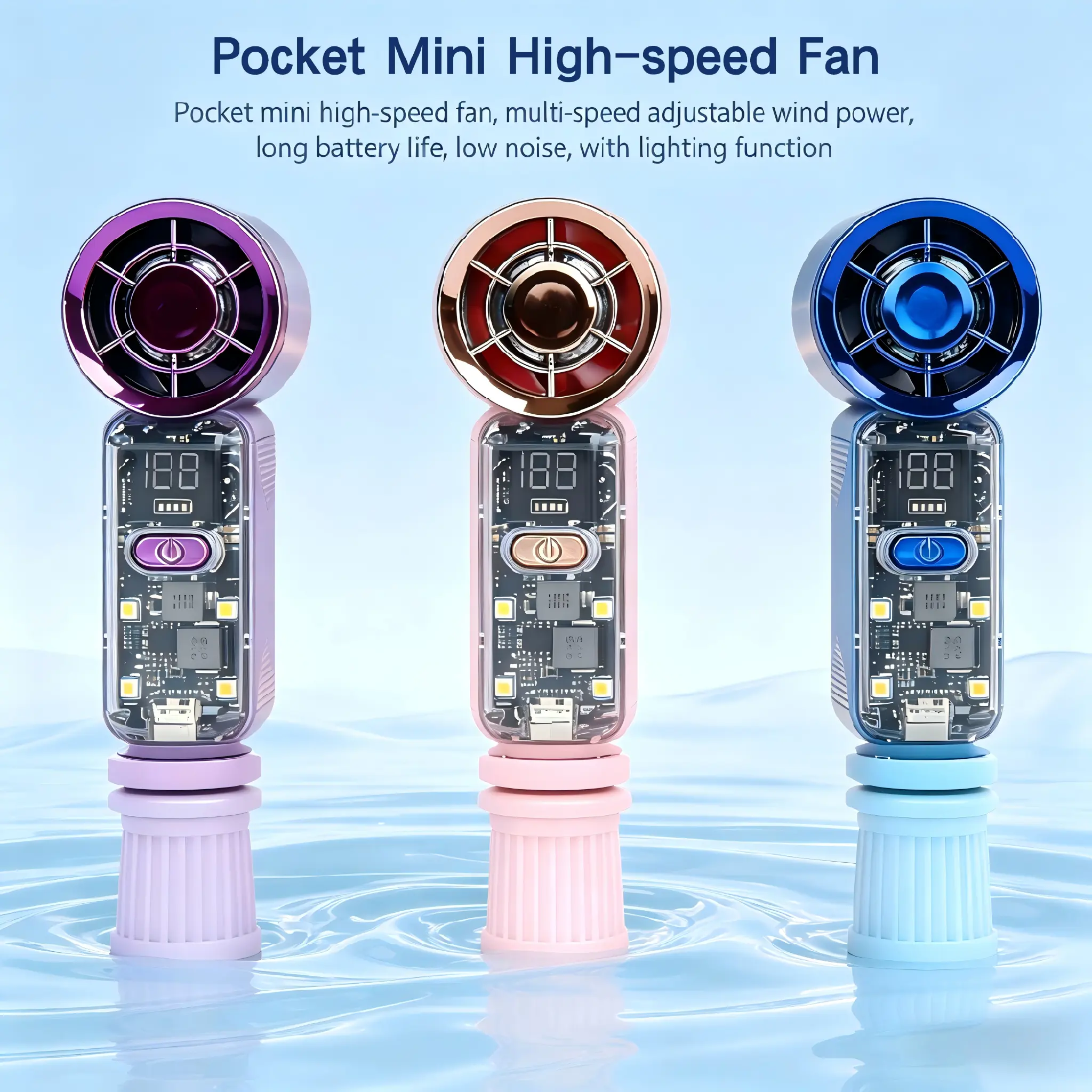 Cordless Mini Portable Waist Fan - USB-C Rechargeable, Pocket-Sized, 100-Speed Adjustable Wind, Long Battery Life, Low Noise, Translucent LED Cooling + Light, Lightweight for Outdoor Work, Hiking